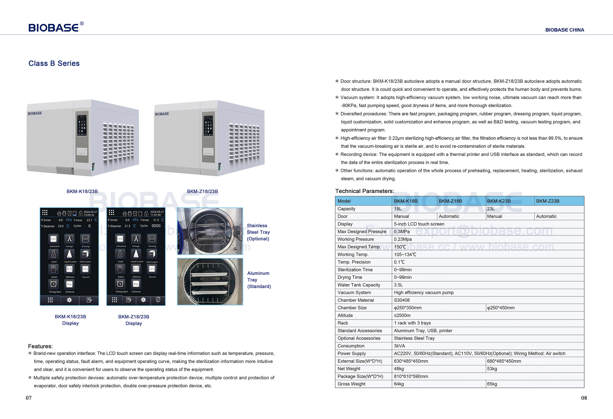 7-8 جدول TOP Autoclave Class B Series BKM-K18B Z18B & K23B Z23B